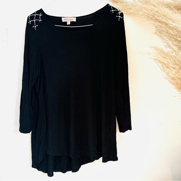 PHILOSOPHY Black Silver Beaded Sequin Shoulder 3/4 Shirt Tunic Top Blouse 1X - Picture 3 of 10